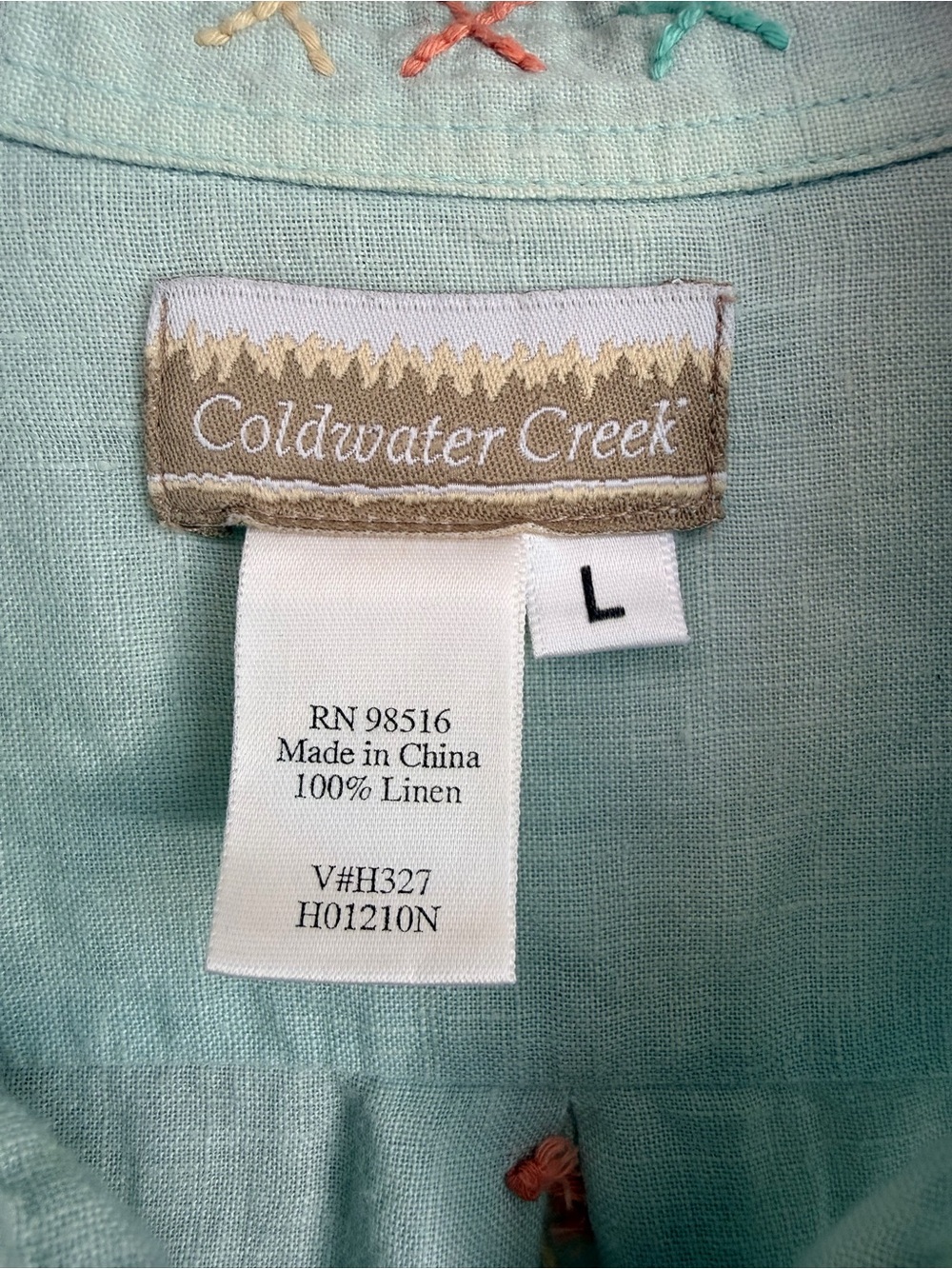 Coldwater Creek 100% Linen Embroidered Button Down Shirt Mint Green L - Picture 3 of 14